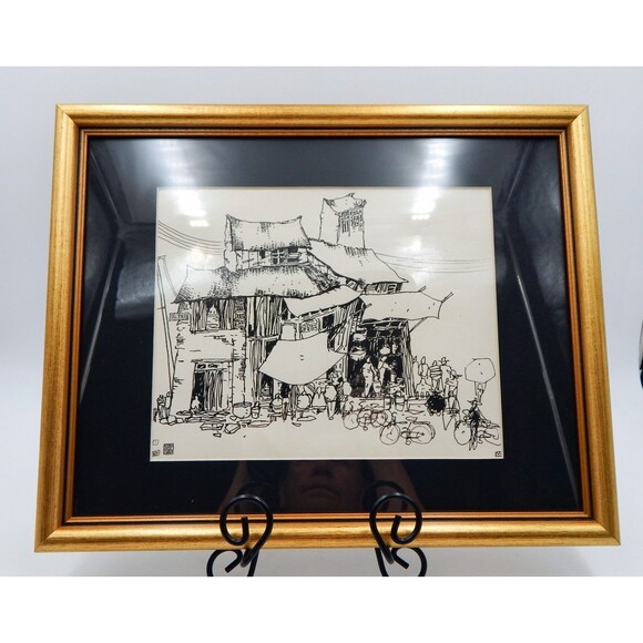 Japanese Traditional Scenery Painting Pen Ink Print Signed Asian Village Matted - Picture 1 of 6